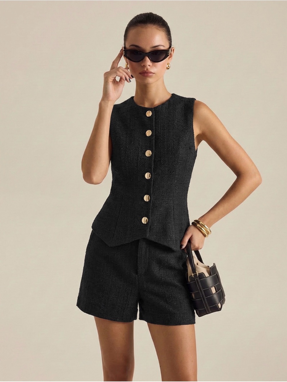 Commense Black Tweed Tailored Shorts with Button Vest